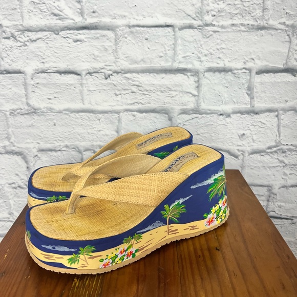 Skechers Shoes - Skechers Y2K Vintage Raffia Straw Denim Palm Beach Platform Sandal size 8